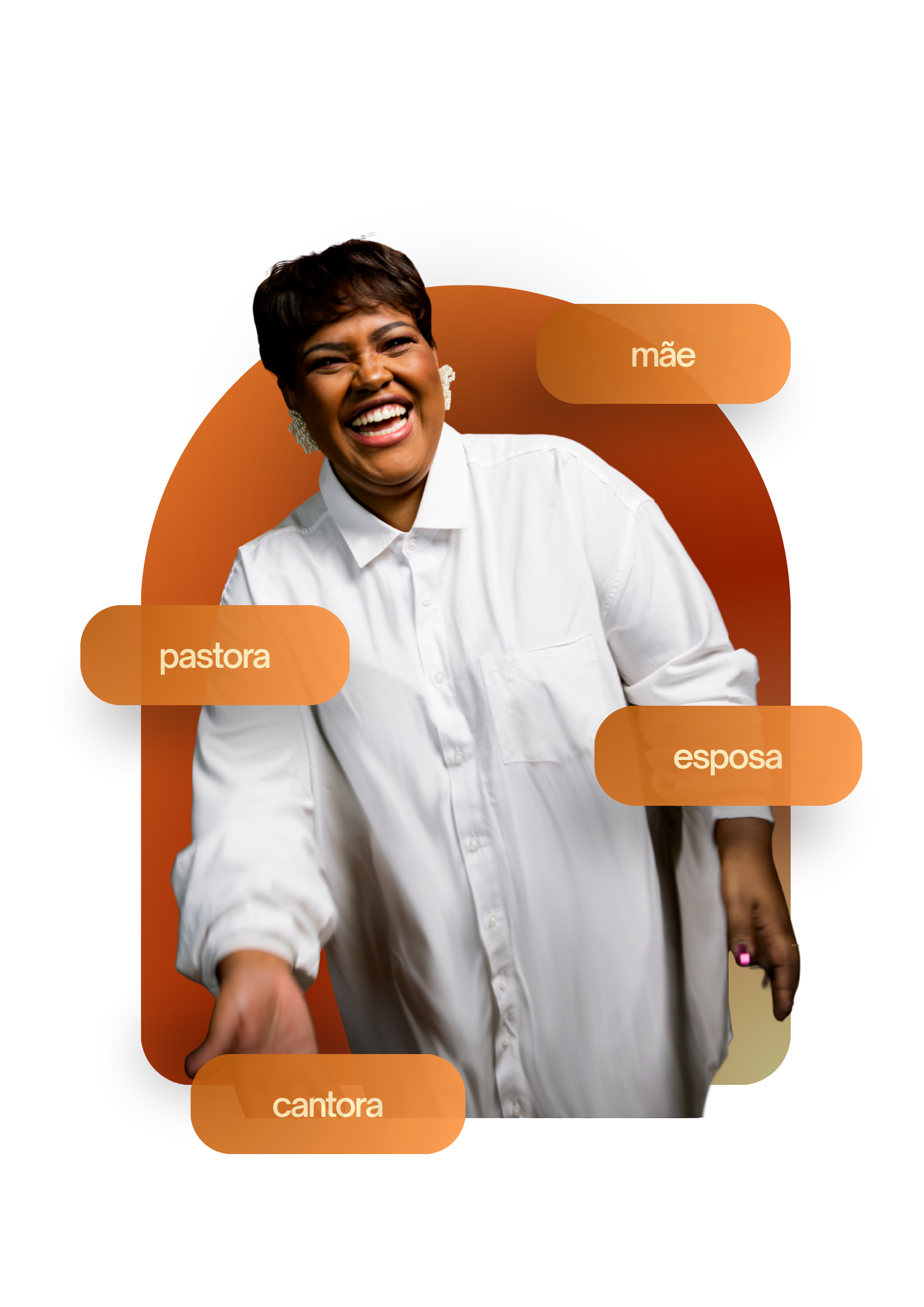 Jéssica Augusto sorrindo, apresentada como pastora, cantora, esposa e mãe